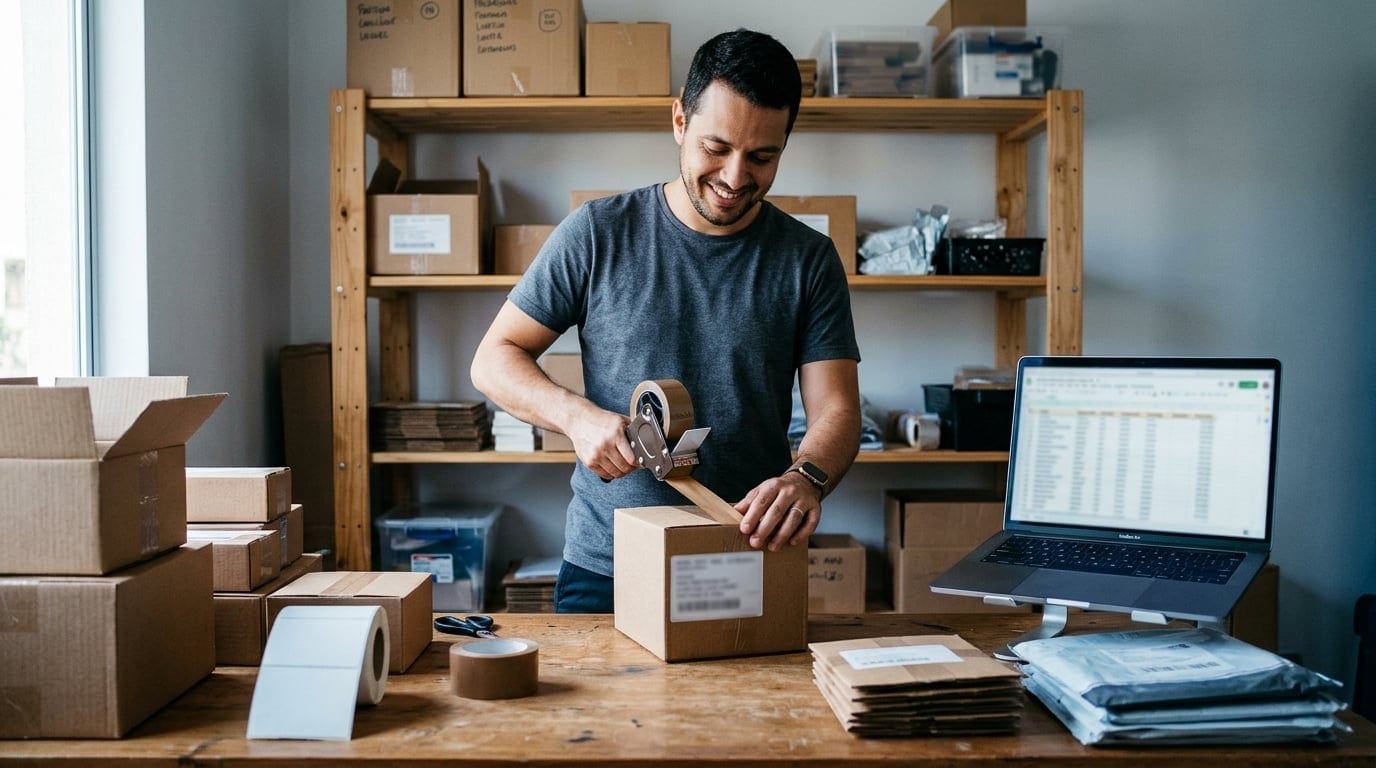 Lojista embalando pedidos em casa, com o notebook ao lado